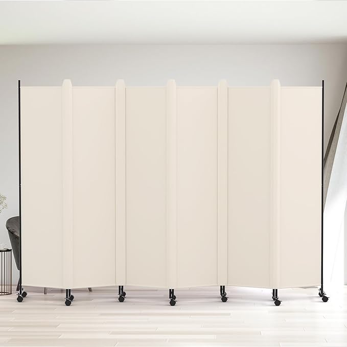 Kokorona 6 Panel Room Divider, 6FT Tall Rolling Privacy Screen with Lockable Wheels, Folding Wall Dividers Portable Room Divider for Room Separation, Included - Cover Strips, Beige, 119''W x 70''H