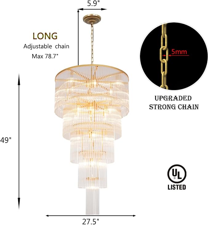 Large Gold Glass Chandelier, 5-Tier Modern Chandelier Light Fixture for High Ceiling Foyer Entryway Luxury Staircase Living Room Golden H49 D27.5