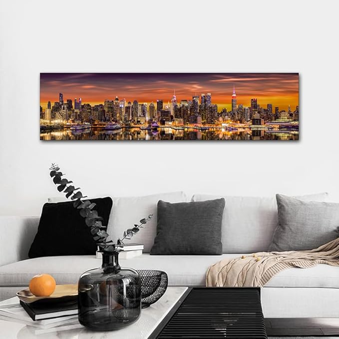 Canvas Wall Art for Living Room New York City Panorama Modern Home Decor Cityscape Sunrise View HD Printed Posters for Bedroom Office Wall Art Painting Bathroom Pictures Ready to Hang 12x46 Inch