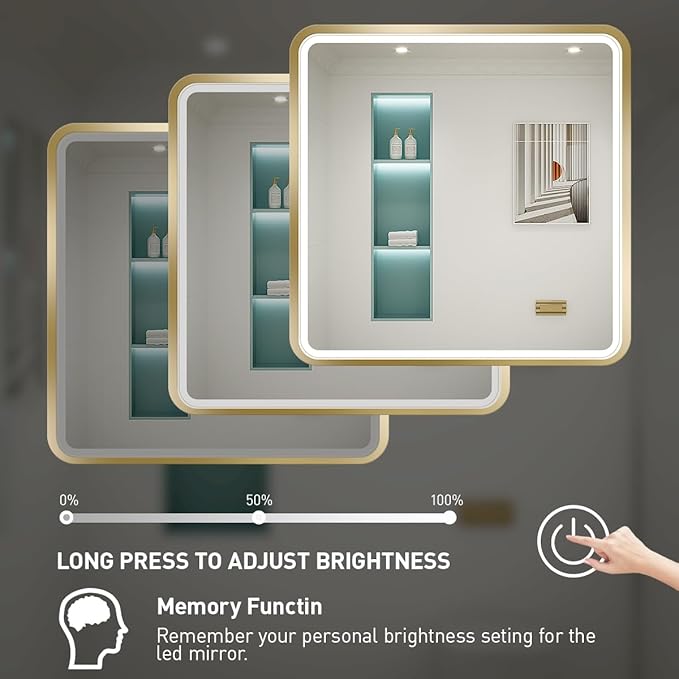 36X36 Inch LED Bathroom Mirrors,Gold Framed Dimmable Lighted Mirror for Wall, Bathroom Vanity Mirror with Lights, Anti Fog Design&6000K&Touch Switch