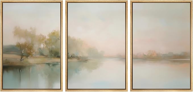 MUDECOR Framed Wall Art Print Set Soft Pastel Landscape Serene Waters and Reflections Illustrations Modern Art Boho Decorative Colorful Chic for Living Room, Bedroom, Office - 16"x24"x3 Natural