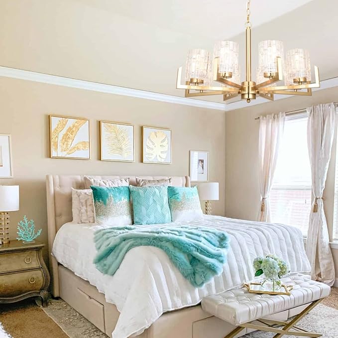 ALICE HOUSE 25.6" Dining Room Chandeliers, 8 Light Brushed Brass Contemporary Light Fixture for Kitchen, Bedroom and Living Room, ETL Listed, AL2218-H8