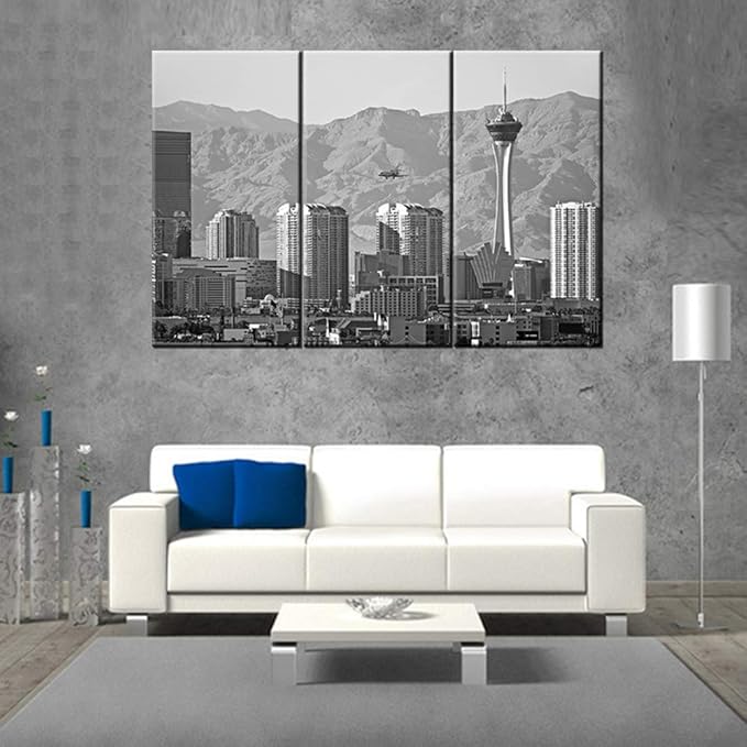 Black and White Picture USA City Skyline Canvas Wall Art -Vegas Cityscape. Las Vegas, Nevada Downtown Skyline. United States - Gallery Wrap Modern Home Decor | Ready to Hang - 20x40 inch x 3 panels