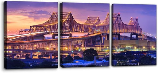 Pacimo Canvas Print Wall Art Set New Orleans Cityscape Modern Walls Decoration for Living Room Bedroom Office Crescent City Connection Bridge Pictures Painting Framed Ready to Hang - 12"x16"x3 Panels