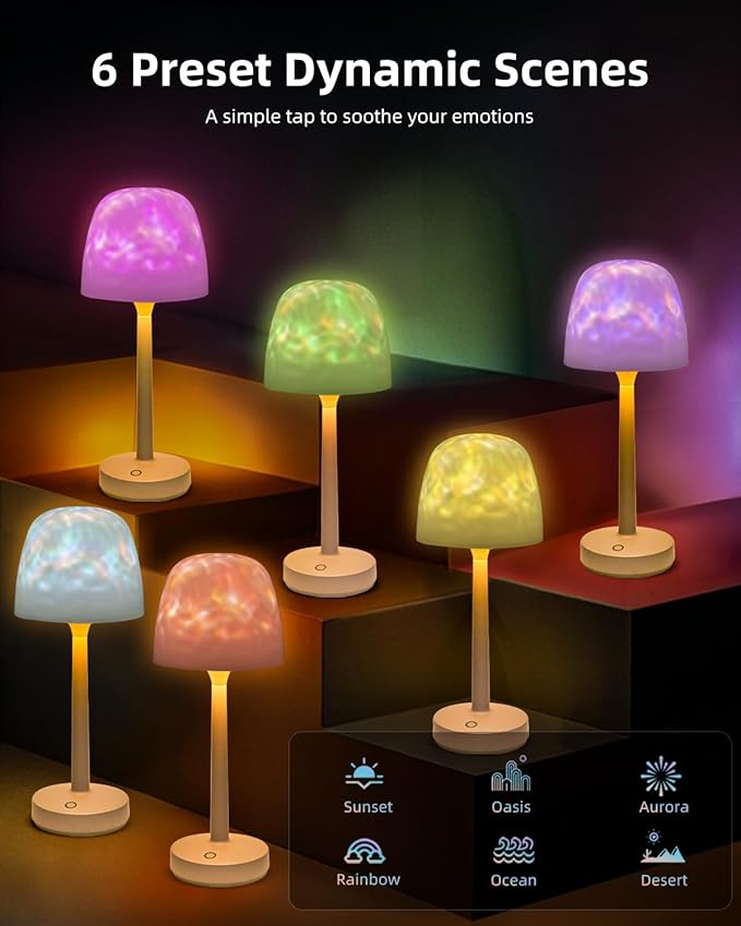 Ocean Wave Cordless Projector Light, RGB Color Changing Table Lamp, Portable Battery Night Light LED Aurora Projector with Remote Control for Bedroom Living Room Game Party Atmosphere Lights