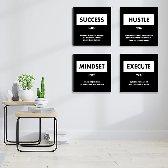 Motivational Wall Art Inspirational Office Wall Decor for Living Room Bedroom Black Decorate Wall Painting Picture Mindset Canvas Posters Prints Framed Art Work Decoration - 12"x12"x4PCS