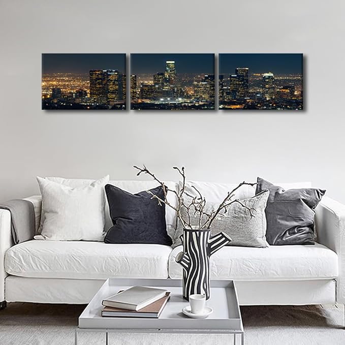 City Skyline Wall Art Cityscape Paintings Modern Decor Los Skyscrapers Night Scene Picture on Canvas for Home Decor Skyline at Dusk Landscape of City Night View Artwork for Living Room 14x60 Inch