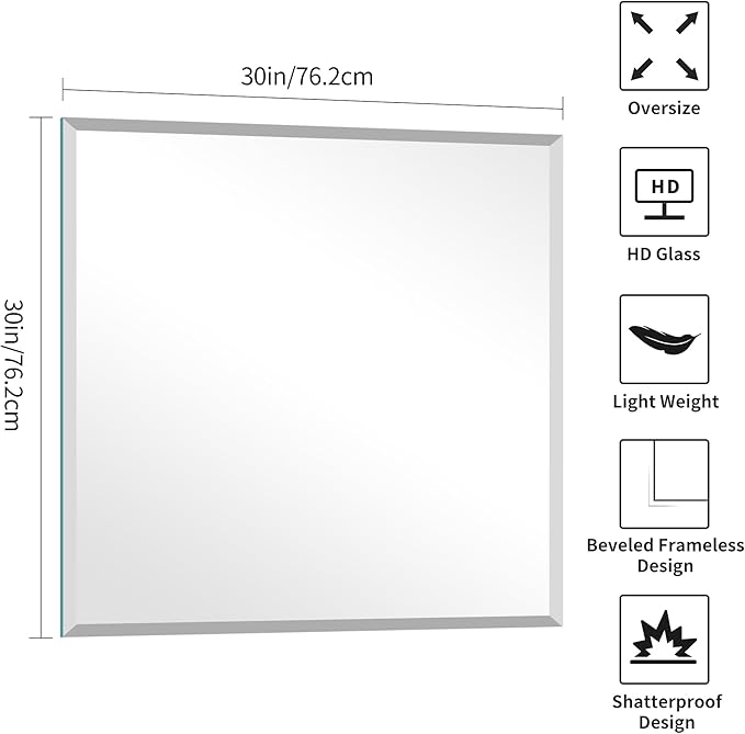 KOCUUY Beveled Mirror, 30x30 Inch Square Frameless Bathroom Mirror for Over Sink, Upgraded Shatterproof Beveled Unframed Design Mirror for Bathroom, Bedroom, Entryway, Hang Horizontal/Vertical