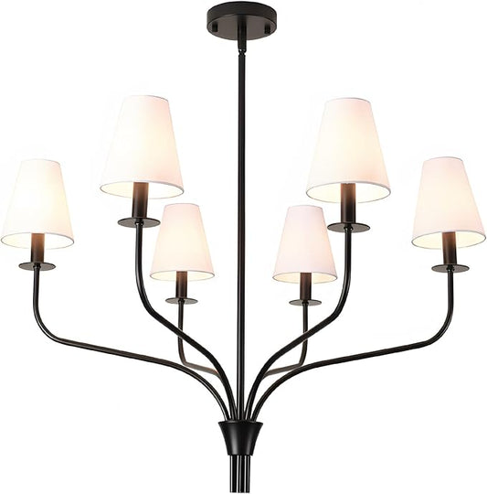 30" Modern Black Chandelier for Dining Room - 6-Light Pendant Lighting Fixture with White Fabric Shade, Mid Century Ceiling Light for Living Room Bedroom Kitchen Island, E12