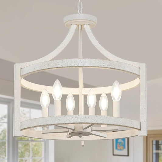 6-Light Farmhouse Chandelier, Distressed Hanging Pendant Lighting, Convertible Semi Flush Mount Ceiling Light Fixture Vintage White Metal Chandeliers for Dining Room Kitchen Foyer Entryway