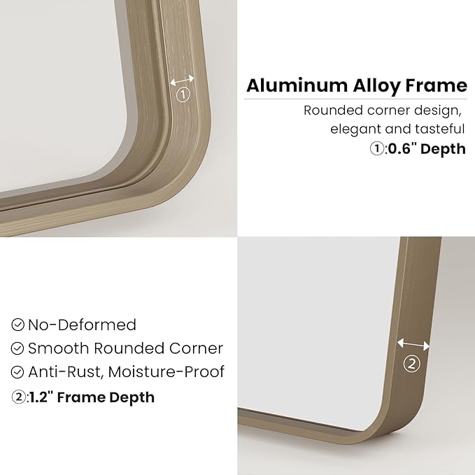 Bronze Bathroom Mirror 20x30 Inch, Brushed Bronze Metal Frame Mirror for Wall, Rounded Rectangle Bathroom Vanity Mirror with Tempered Glass, Anti-Rust, Horizontal/Vertical