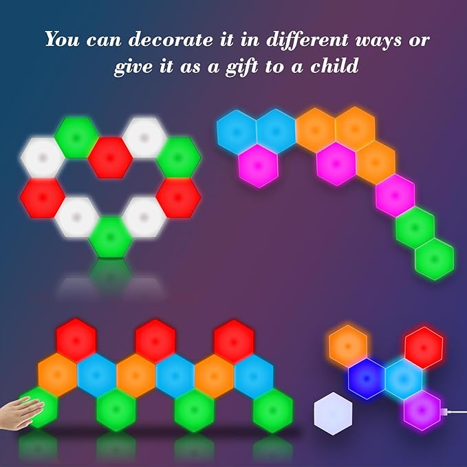 6 Pack Hexagon Light Panels - Smart RGB Hexagon LED Lights Wall Lights Remote Control Lights for Lving Room, Bedrooms, DIY Lovers, Gifts, Gaming Room, Kids