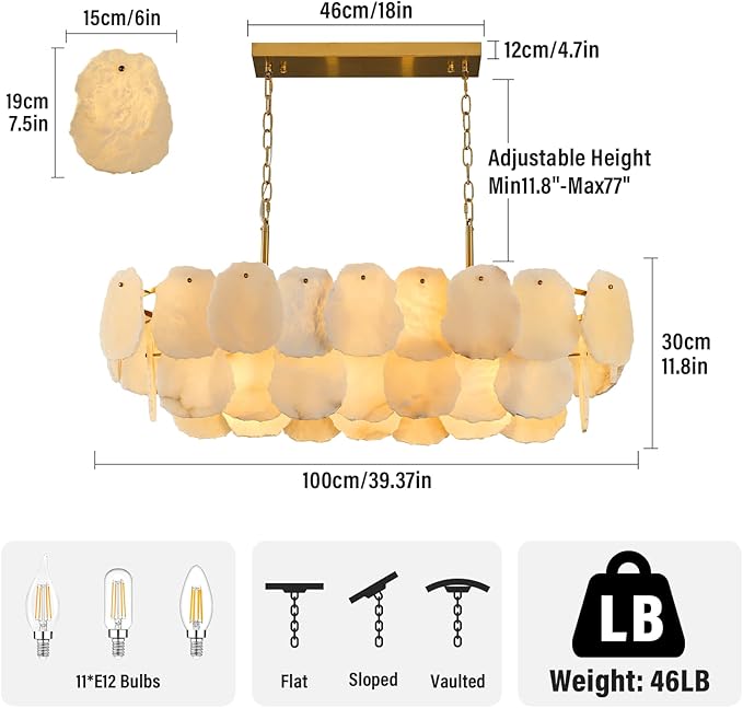 Alabaster Rectangle Chandelier for Dining Room, L39in Modern White Marble Chandeliers, Luxury Natural Spanish Brass Alabaster Chandelier Over Table for Kitchen Island Living Room Dining Table
