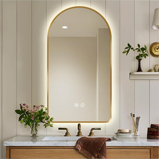 40 x 24 Arched LED Bathroom Mirror, Brushed Gold Framed, Backlit Vanity Mirror with Lights, Wall Mounted Lighted Mirror, Dimmable 3-Color Shatter-Proof Arch Smart Mirror, UL-Listed, CRI≥93