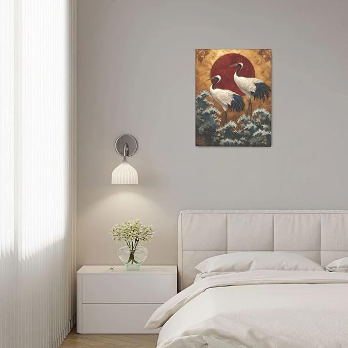 Japanese Crane Wall Art Gold Oriental Asian Wall Decor Sandhill Crane Canvas Pictures Paintings Prints Japan Traditional Aesthetic Artwork Framed Chinese Decorations For Bedroom Living Room Office Gifts 16" x 20"