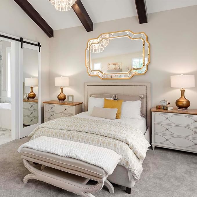 47'' x 32'' Large Gold Mirrors for Wall, Modern Dining Room Mirror with Beveled Glass Wood Frame, Elegant Decorative Mirror for Living Room, Bathroom, Entryway, Bedroom