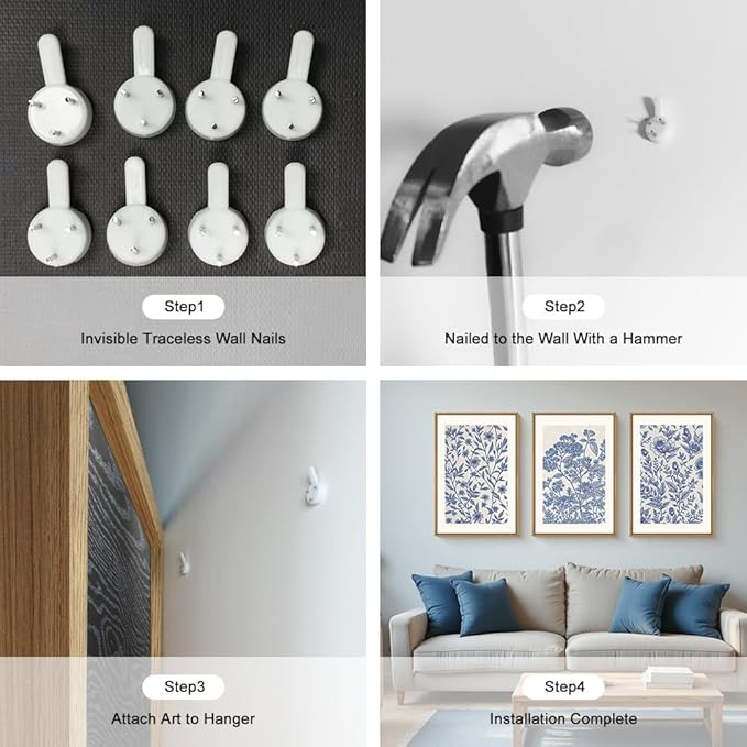 Large Classic Chinoiserie Flower Framed Canvas Wall Art Set,Minimalist Blue and White Floral Wall Decor,Navy Watercolor Botanical Blossom Artwork for Living Room,Bedroom-16 x24 x3