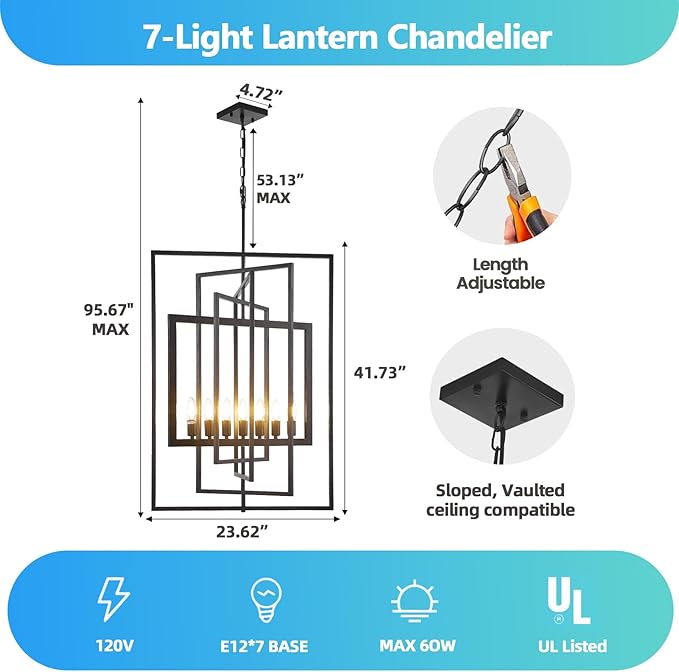 Black Farmhouse Chandelier, 7-Light Lantern Pendant Light Fixtures, Rustic Industrial Foyer Lighting Fixtures, Large Chandeliers for High Ceilings, for Dining Room, Kitchen Island, Staircase, Entryway