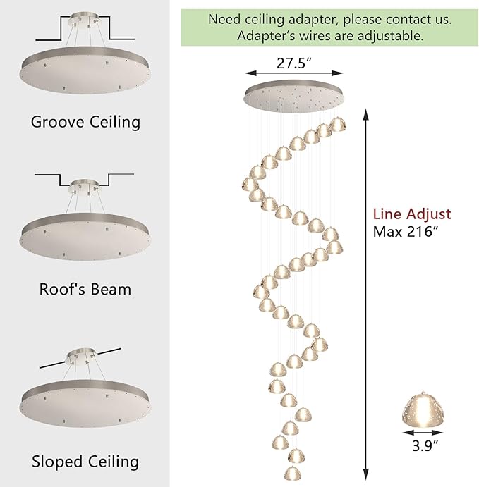36 Light 216'' Long Large Crystal Chandeliers LED Chandeliers for High Ceiling Handing Light Fixture for Entrance Hallway Foyer Staircase Lobby Silver