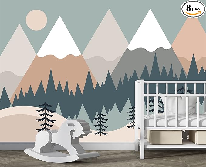 Children's Cartoon Mountain Peak Forest Sun Nursery Wall Mural Wallpaper 178" x 117"