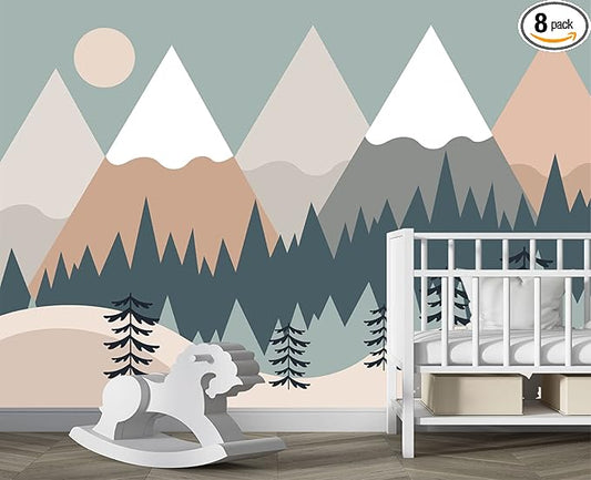 Children's Cartoon Mountain Peak Forest Sun Nursery Wall Mural Wallpaper 178" x 117"