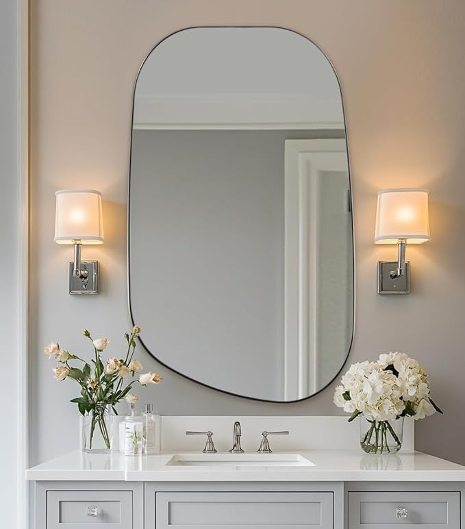 ANDY STAR 24"x40" Asymmetrical Wall Mirror，Brushed Nickel Irregular Bathroom Mirror with Stainless Steel Metal Frame, Wall-Mounted Mirror for Bathroom, Entryway (Horizontal/Vertical)