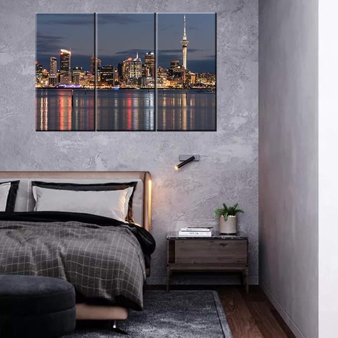 Black and White Auckland City Wall Art Tower Cityscape Picture Photo Canvas Print Art with Wood Frame,Modern Home Office Wall Decoration Giclee Print Framed Art Ready to Hang - 24‘’x12‘’x3 panels