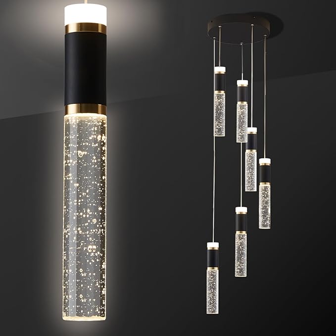 6-Lights Led Chandelier, Black and Gold Crystal Modern Led Chandelier for Dining Room, Luxury Dimmable Enterway Led Pendant Lights Fixture with Remote Control Flush Mount