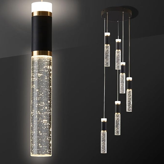 6-Lights Led Chandelier, Black and Gold Crystal Modern Led Chandelier for Dining Room, Luxury Dimmable Enterway Led Pendant Lights Fixture with Remote Control Flush Mount