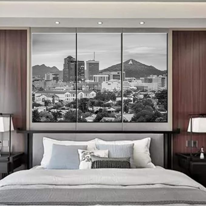 Black and White City Landscape Wall Art Tucson, Arizona, USA Downtown Skyline with Sentinel Peak Canvas Prints Picture 3 Piece Modern Romantic Themed Artwork for Bedroom Bathroom Photo Wall Display