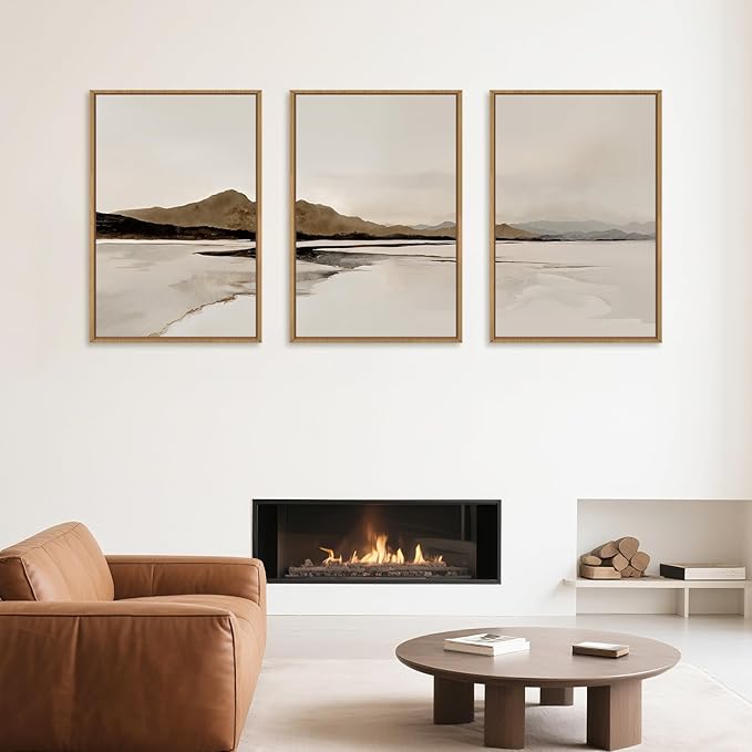 Ausril Beige and Brown Foggy Framed Canvas Wall Art Set, Modern Misty Landscape Wall Decor, Abstract Mountain Lake Wall Painting, Minimalist Nature Art Prints for Living Room, Bedroom - 16"X24"X3