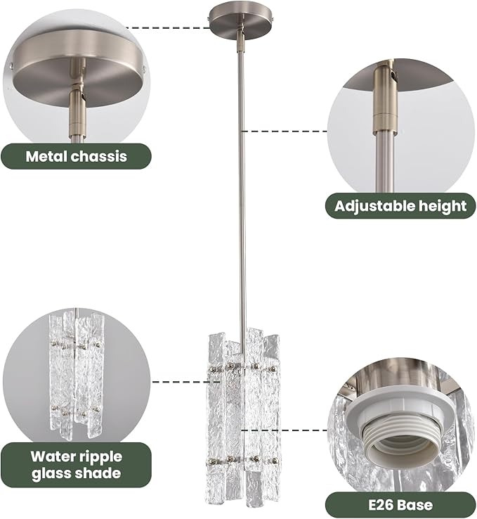 Modern Brushed Nickel Crystal Pendant Light for Kitchen Island, Luxury Mini Water Ripple Glass Chandelier Fixture, Square Adjustable Hanging Pendant Lighting for Dining Room Bedroom Hallway (1-Pack)