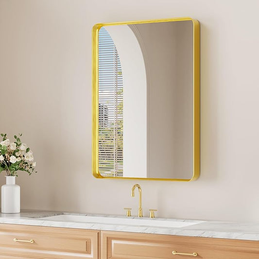 Koonmi Bathroom Mirror 22x30 Inch Wall Mounted Mirror Metal Deep Framed Rounded Corner Wall Mirror, Shatterproof Tempered Glass for Farmhouse Bedroom Vanity, Vertically or Horizontally, Gold
