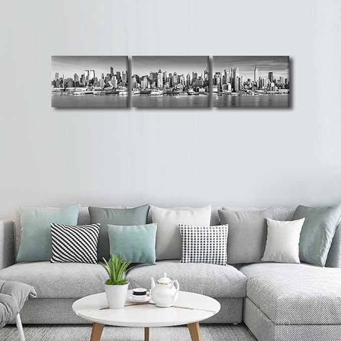 New York Wall Art Black and White City Panorama Cityscape Pictures Print On Canvas Urban Building Artwork Wall Art for Living Room Office Giclee Posters and Prints Framed Ready to Hang 12x48 Inch
