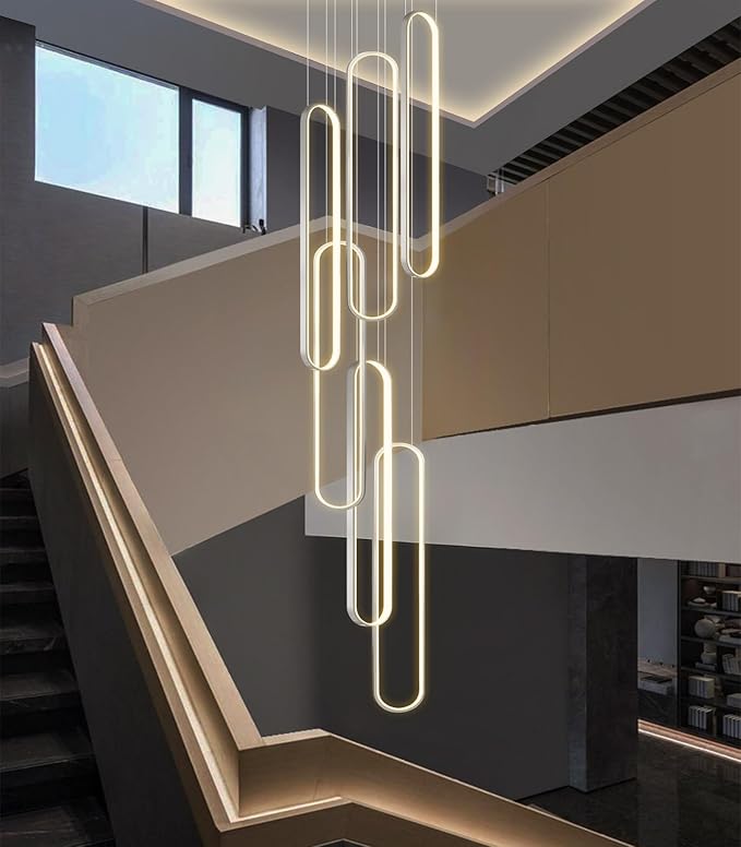 6 Rings Modern Chandelier LED Dimmable Pendant Lighting High Ceiling Chandelier for Entrance Foyer Lobby Staircaes Sliver 118''