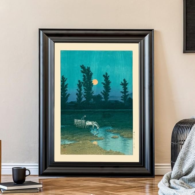 Night Sky and Full Moon Japanese Poster, Woodblock Art by Kawase Hasui, Japandi Wall Decor, Vintage Zen Boho Print for Relaxed Spaces (Unframed) (12x18)