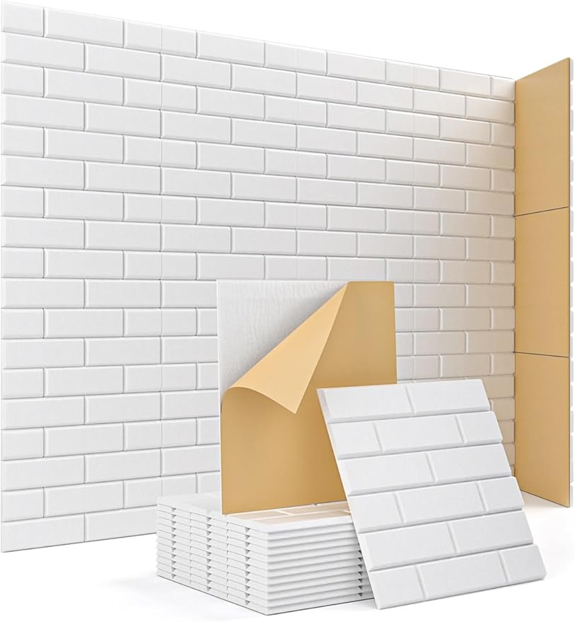 Acoustic Wall Panels, Brick Pattern Peel and Stick Sound Absorbing Panel for Ceiling, Door, Pared, 12 Pack 12"x12"x0.4", White Decorative Self Adhesive Wall Tiles for Recording Studio, Room