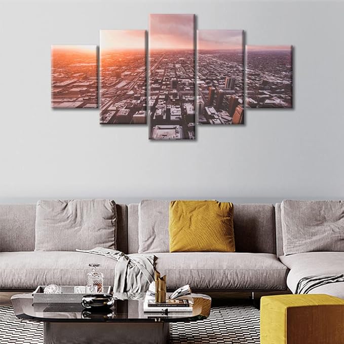 Chicago Sprawling at Sunset Wall Decor for Bedroom 5 Piece Chicago Skyline Cityscape Pictures Artwork Paintings Print on Canvas Giclee Print Gallery Packaging Artwork Ready to Hang (60"Wx32"H)