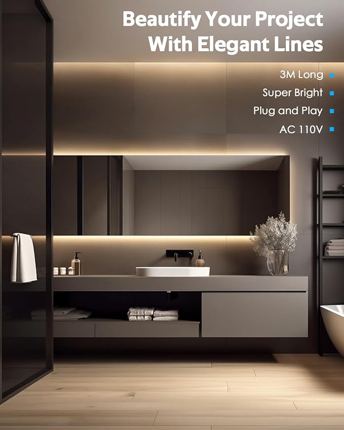 10FT Outdoor COB LED Strip Lights Waterproof with Switch Plug in AC 110V-120V LED Rope Light Warm White IP65 3M 3000K Super Bright High Density LED Tape Light Indoor for Garden Decor