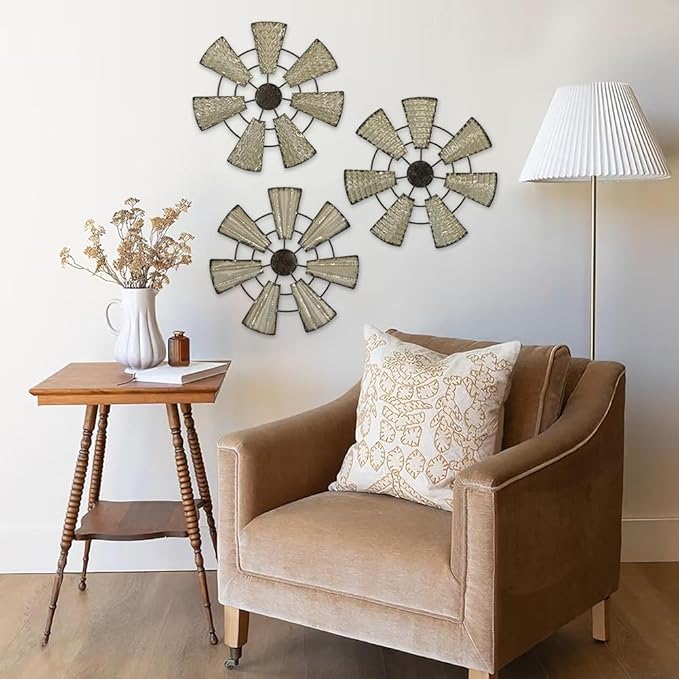 Briful 12" Wall Décor Pack of 3 Metal White & Black Windmill Radial Plate Wall Art Modern Accent Hanging Wall Decorations For Home Office Living Room Wall Sculptures