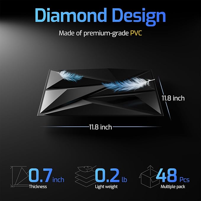 3D Wall Panels for Interior Wall Decor, 48 pcs PVC Wall Panels, 11.8''x11.8'' Decorative Accent Wall Panels for Game Rooms, TV Walls Background, Living Rooms, Decorative Wall Panels, Black