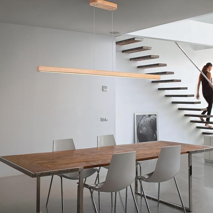71" 40W Wood Linear Pendant Light Fixture Led Dining Room Light Dimmable Hanging Light Fixture for Kitchen Island Dining Room Pool Table Lights Natural