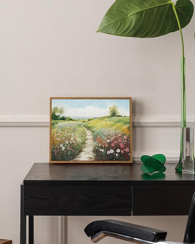 KISSFOX Vintage Framed Wall Art Decor Modern Farmhouse Spring Landscape Pictures Paintings Wall Decor Rustic Wildflower Canvas Art Prints Nature Countryside Artwork For Bedroom Kitchen Living Room