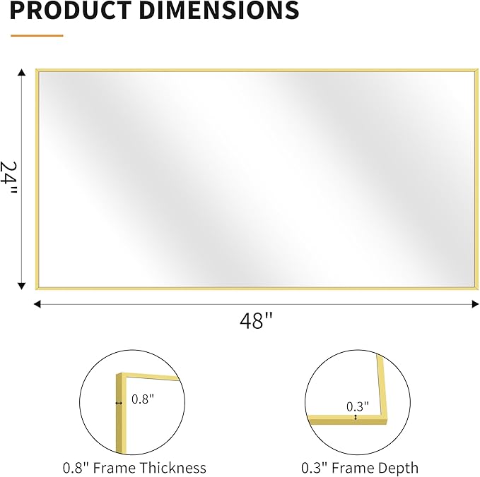 KOCUUY Gold Bathroom Mirror, 24x48 inch Brushed Gold Mirror for Over Sink, Aluminum Framed Rectangular Bathroom Mirror for Bedroom Living Room Bathroom, Hang Horizontal/Vertical