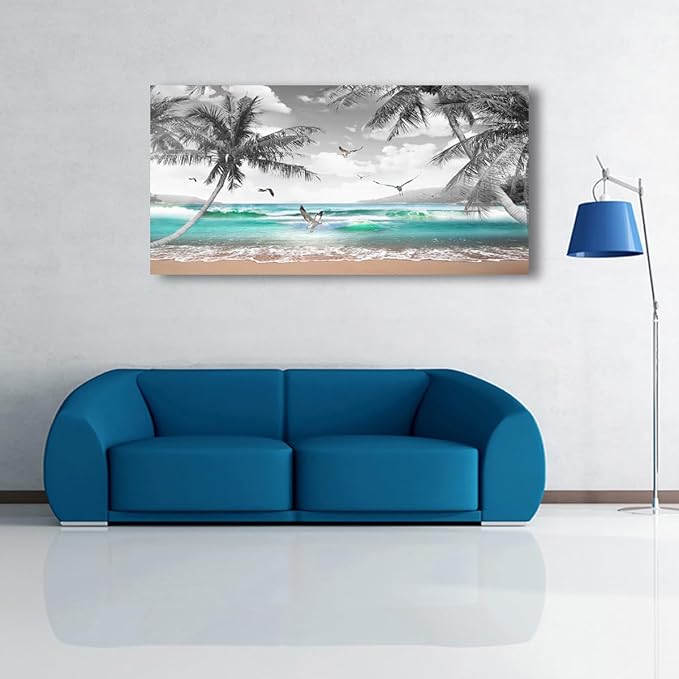 Beach Palm Pictures Canvas Wall Art For Living Room Bedroom Wall Decor,Sea Wave Wall Art Print Paitnings For Home Decor,Morden Artwork Coconut Tree Canvas Art Ready To Hang-24X48 Inches