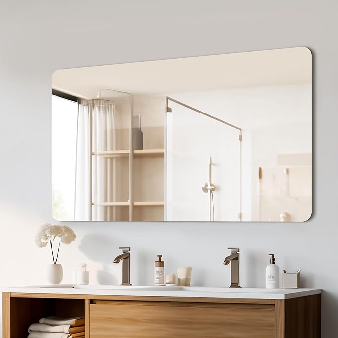 Mirrorons 48 x 30 Frameless Bathroom Mirror, Rounded Corner Bathroom Vanity Mirror, Modern Wall Mounted Vanity Mirror for Living Room, Bedroom, Bathroom, Entryway (Horizontal/Vertical)