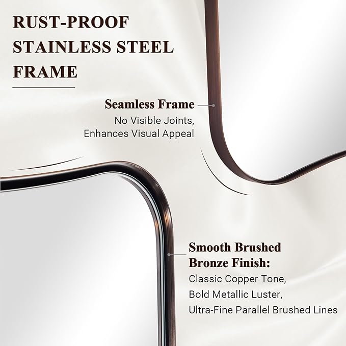ANDY STAR 30"x48" Large Bathroom Mirror, Brushed Bronze Mirror for Over Sink, Irregular Shaped Mirror in Premium SUS304 Thin Frame, Italian Curved Frame, Ideal for Bathroom, Powder Room, Entryway