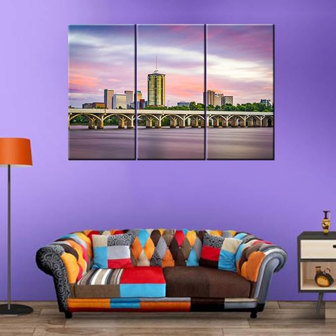 Canvas Wall Art for Tulsa, Oklahoma, USA Downtown Skyline on the Arkansas River at Dusk Print Photograph, Hanging Decorative Painting Artwork for Kitchen, Bedroom, Office, Living Room, Home Decor Gift