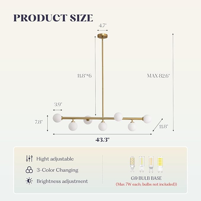 Mid Century Chandelier, Gold Brass Sputnik Pendant Light with White Glass Lampshade,7 Lights Globe Rectangle Linear Chandeliers for Dining Room Kitchen L43.3INxW11.8IN