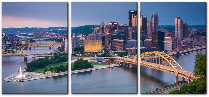 Pacimo Canvas Wall Decor for Living Room Bedroom Office Pittsburgh Cityscape Wall Art for Decorations Mount Washington Canvas Wall Prints City Skyline Picture for Home Decor Framed - 20"x28"x3 Panels